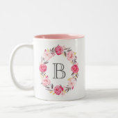 Roze Waterverf Bloemen & Faux Gold Folie Monogram Tweekleurige Koffiemok (Links)