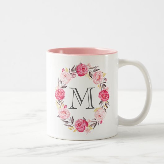 Roze Waterverf Bloemen & Faux Gold Folie Monogram Tweekleurige Koffiemok (Rechts)