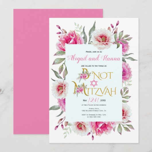 Roze waterverf bloemen floral B'Not Mitzvah Kaart (Voorkant / Achterkant)