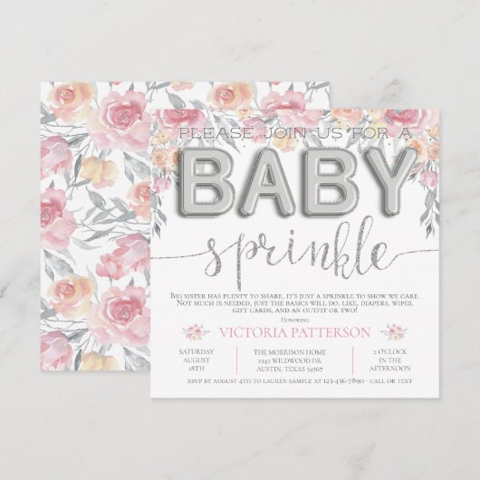 Roze Waterverf Bloemen Folie Ballon Baby Sprinkle Kaart (Voorkant / Achterkant)