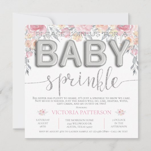 Roze Waterverf Bloemen Folie Ballon Baby Sprinkle Kaart (Voorkant)