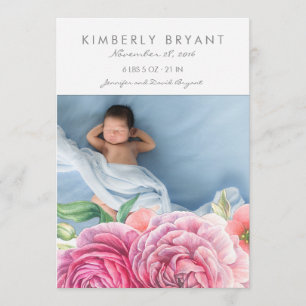 Roze Waterverf Bloemen Foto Baby Meisje Geboorte Aankondiging