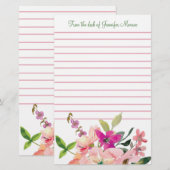 Roze waterverf bloemen, gepersonaliseerd briefpapier (Voorkant / Achterkant)