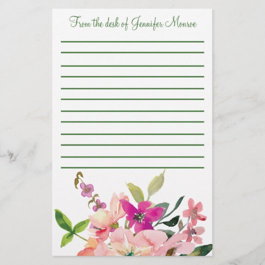 Roze waterverf bloemen, gepersonaliseerd briefpapier (Voorkant)