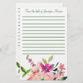 Roze waterverf bloemen, gepersonaliseerd briefpapier (Voorkant / Achterkant)