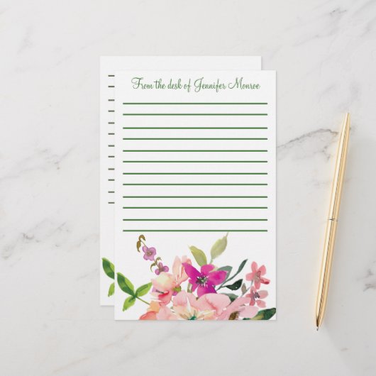 Roze waterverf bloemen, gepersonaliseerd briefpapier (Voorkant / Achterkant in situ)