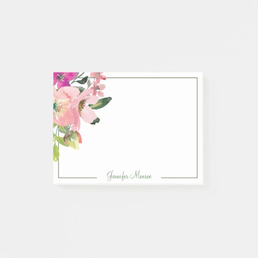 Roze waterverf bloemen gepersonaliseerd post-it® notes (Voorkant)