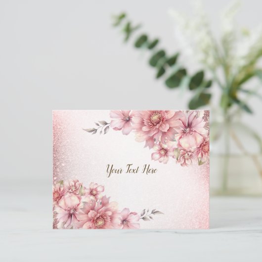 Roze Waterverf Bloemen Glanzende Glitter Modern Briefkaart (Staand voorkant)