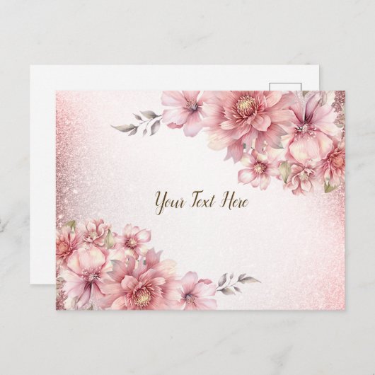 Roze Waterverf Bloemen Glanzende Glitter Modern Briefkaart (Voorkant / Achterkant)