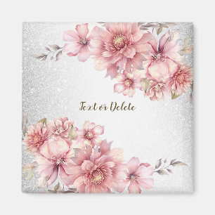Roze Waterverf Bloemen Glanzende Glitter Modern Magneet