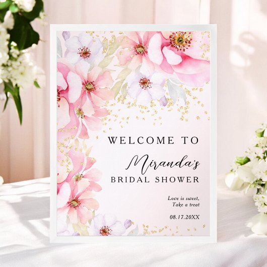 Roze Waterverf Bloemen Goud Glitter Vrijgezellenfe Poster