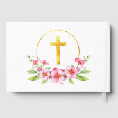Roze waterverf bloemen, gouden kruis meisje doop gastenboek (Achterkant)