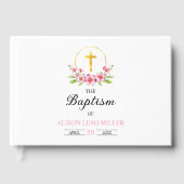 Roze waterverf bloemen, gouden kruis meisje doop gastenboek (Voorkant)