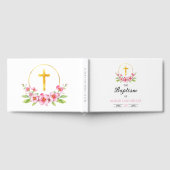 Roze waterverf bloemen, gouden kruis meisje doop gastenboek (Volledig)