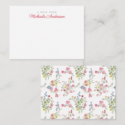 Roze Waterverf Bloemen & Greenery Aangepaste naam Notitiekaartje (Voorkant / Achterkant)