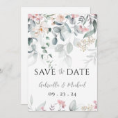 Roze Waterverf Bloemen Groen Bruiloft Save The Date (Voorkant / Achterkant)
