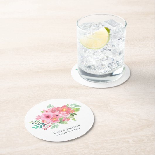 Roze Waterverf Bloemen Groen Namen Datum Bruiloft Ronde Kartonnen Onderzetter (Insitu)