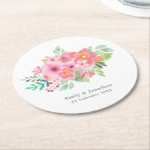 Roze Waterverf Bloemen Groen Namen Datum Bruiloft Ronde Kartonnen Onderzetter (Gebogen)
