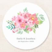 Roze Waterverf Bloemen Groen Namen Datum Bruiloft Ronde Kartonnen Onderzetter (Voorkant)