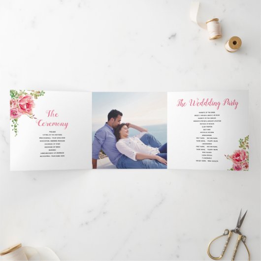 Roze waterverf bloemen, groene blad, foto drieluik programma (Binnen)