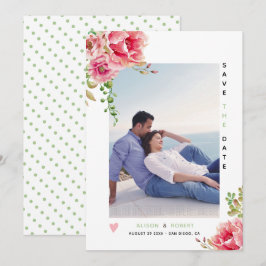 Roze waterverf bloemen, groene blad, foto save the date