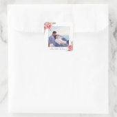 Roze waterverf bloemen, groene blad, foto vierkante sticker (Tas)