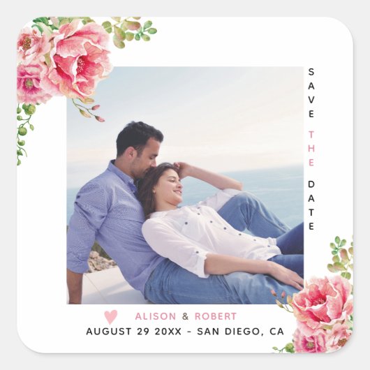 Roze waterverf bloemen, groene blad, foto vierkante sticker (Voorkant)