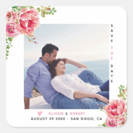 Roze waterverf bloemen, groene blad, foto vierkante sticker