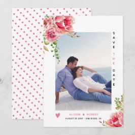 Roze waterverf bloemen, groene bladeren en foto's save the date