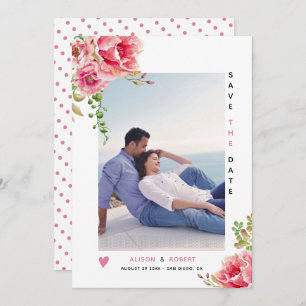 Roze waterverf bloemen, groene bladeren en foto's save the date