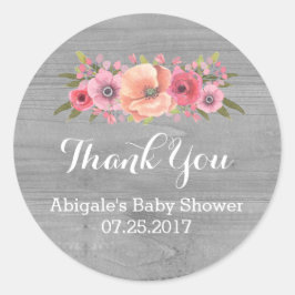 Roze Waterverf Bloemen Hout Baby shower Favor Tags Ronde Sticker