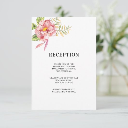Roze Waterverf Bloemen | huwelijksreceptie Informatiekaartje (Staand voorkant)