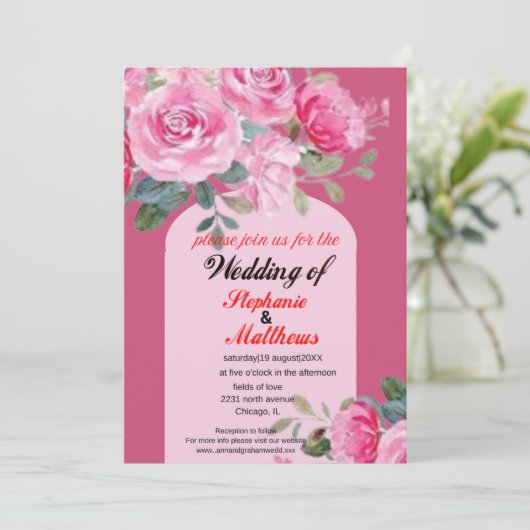 : Roze Waterverf Bloemen Huwelijksuitnodiging Kaart (Staand voorkant)