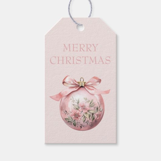 Roze Waterverf Bloemen Kerst Ornament Cadeaulabel (Voorkant)