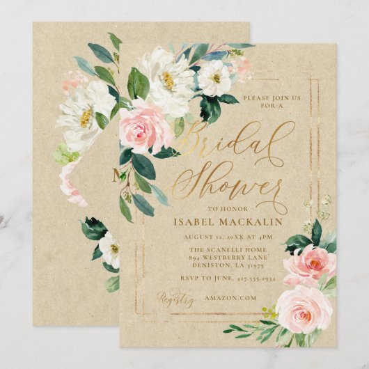 Roze Waterverf Bloemen Kraft Rustiek Vrijgezellenf Kaart (Voorkant / Achterkant)