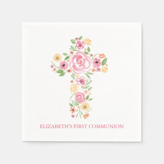 Roze Waterverf Bloemen Kruis Eerste Communie Servetten (Voorkant)