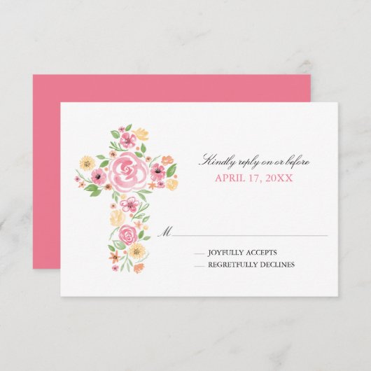 Roze Waterverf Bloemen Kruis Eerste Heilige Commun RSVP Kaartje (Voorkant / Achterkant)