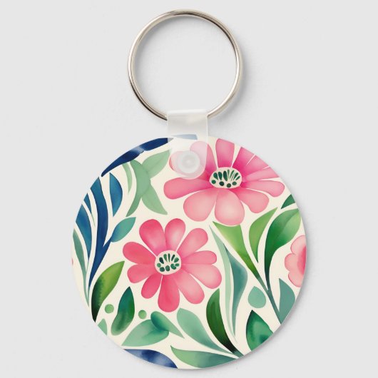 Roze waterverf bloemen kunst sleutelhanger (Voorkant)