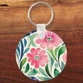 Roze waterverf bloemen kunst sleutelhanger (Voorkant)
