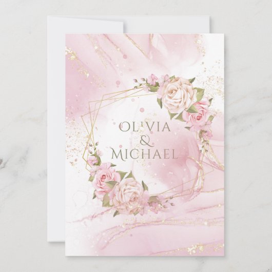 ROZE WATERVERF BLOEMEN & LIS GOUDE HUWELIJK KAART (Achterkant)