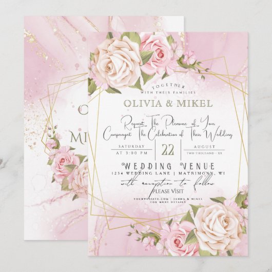 ROZE WATERVERF BLOEMEN & LIS GOUDE HUWELIJK KAART (Voorkant / Achterkant)