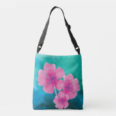 Roze Waterverf bloemen met blauwe groene basis Crossbody Tas (Achterkant)