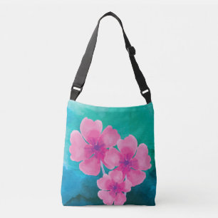 Roze Waterverf bloemen met blauwe groene basis Crossbody Tas