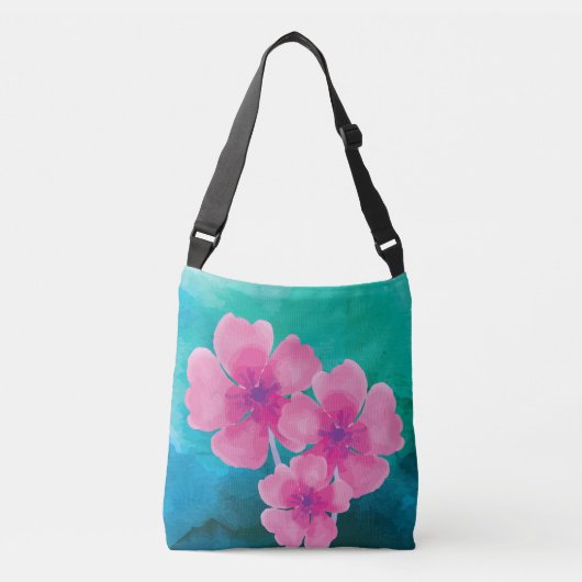 Roze Waterverf bloemen met blauwe groene basis Crossbody Tas (Voorkant)