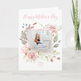 Roze Waterverf Bloemen met Foto Moederdag Kaart