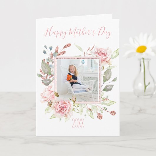 Roze Waterverf Bloemen met Foto Moederdag Kaart (Kleine Plant)