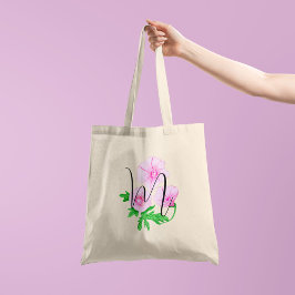 Roze waterverf bloemen met uw initiaal 1 kant tote bag