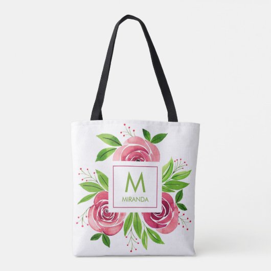 Roze waterverf bloemen monogram aangepast tote bag (Achterkant)