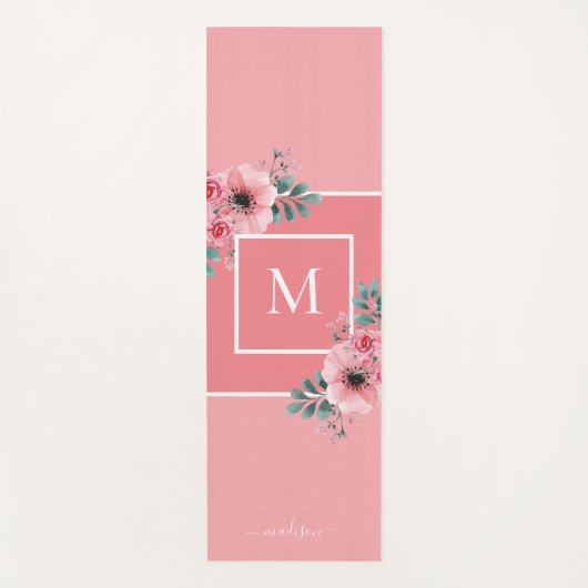 Roze | Waterverf bloemen Monogram Yoga Mat (Voorkant)