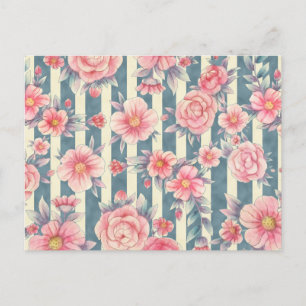Roze Waterverf bloemen op gestreepte patroon Briefkaart